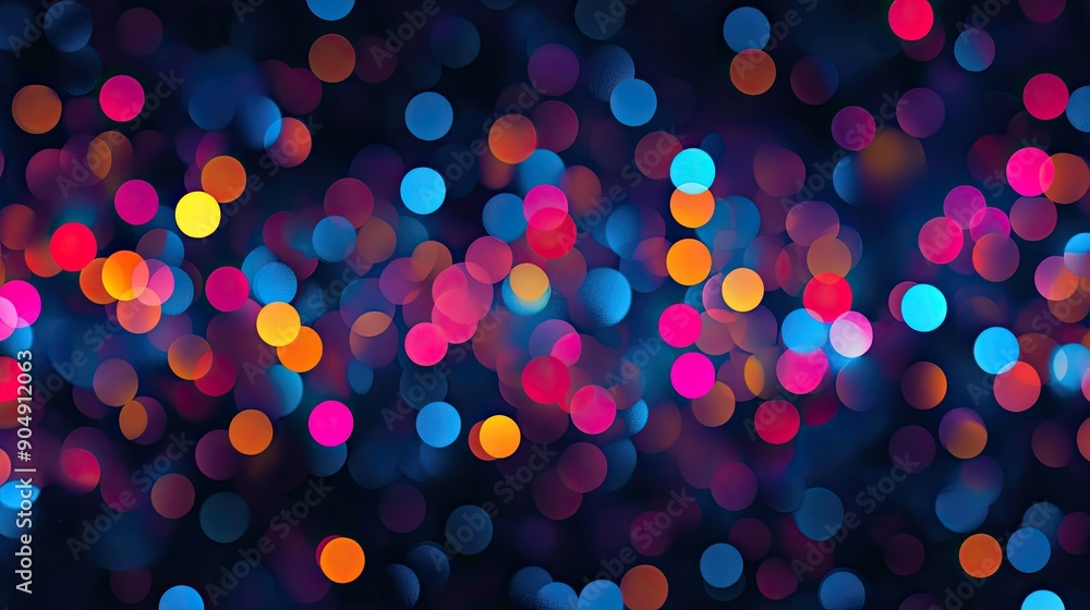Poster multi-colored dots creating an abstract pattern on a dark background.