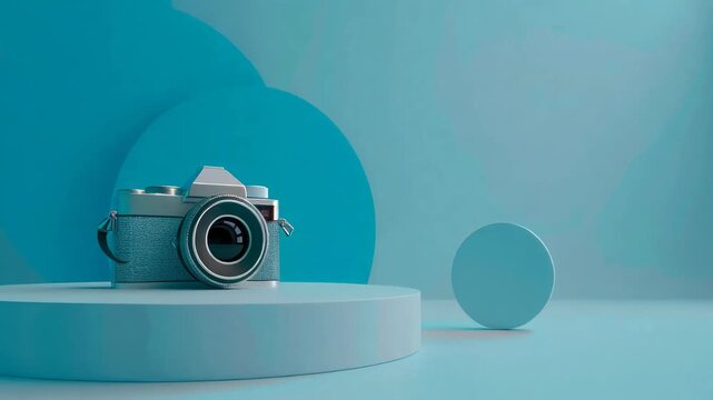 A vintage camera resting on a white cylindrical platform.