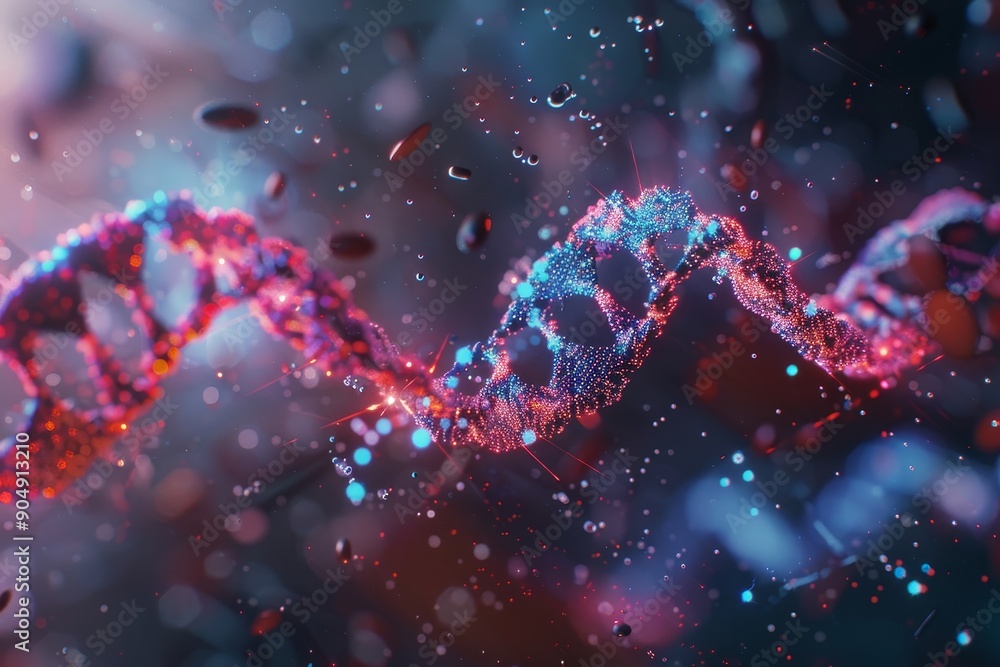 Poster close-up view of a dna double helix strand with visible base pairs and sugar-phosphate backbones, ge