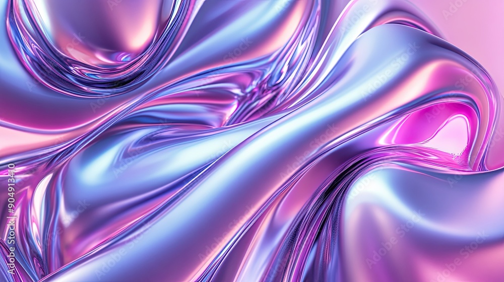Poster shiny metallic fluid shapes in 3d with gradient color transitions.