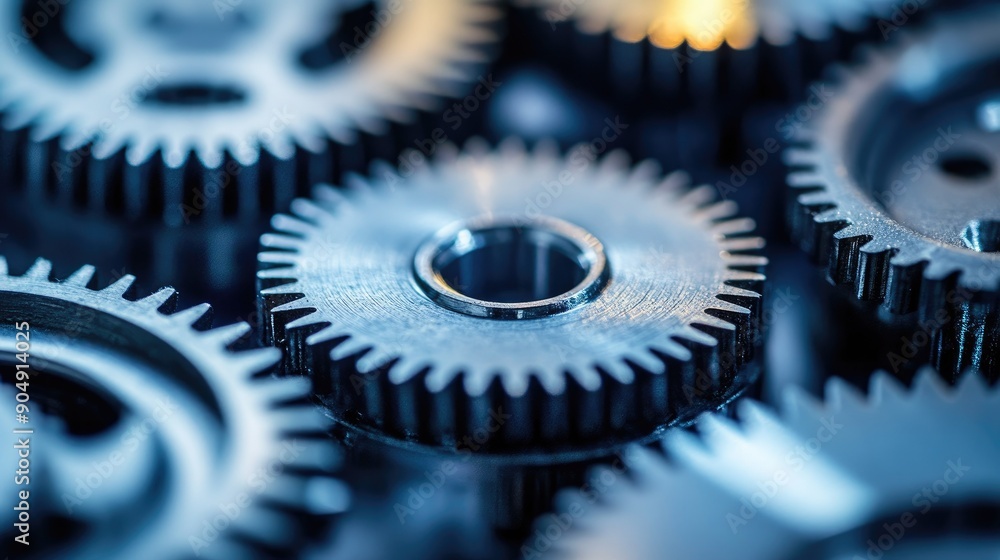Poster tight shot of small gears working in unison, representing complex machinery and engineering precisio