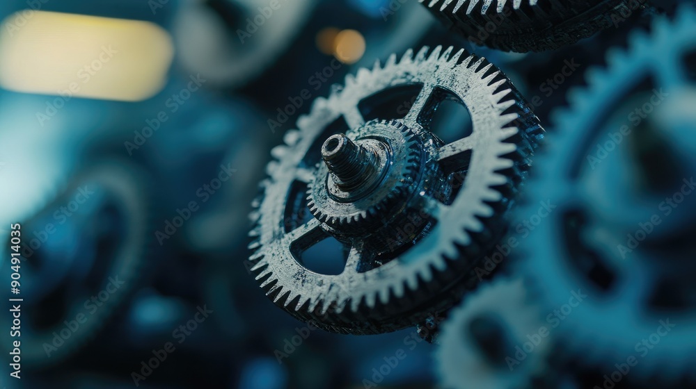 Poster tight shot of small gears working in unison, representing complex machinery and engineering precisio