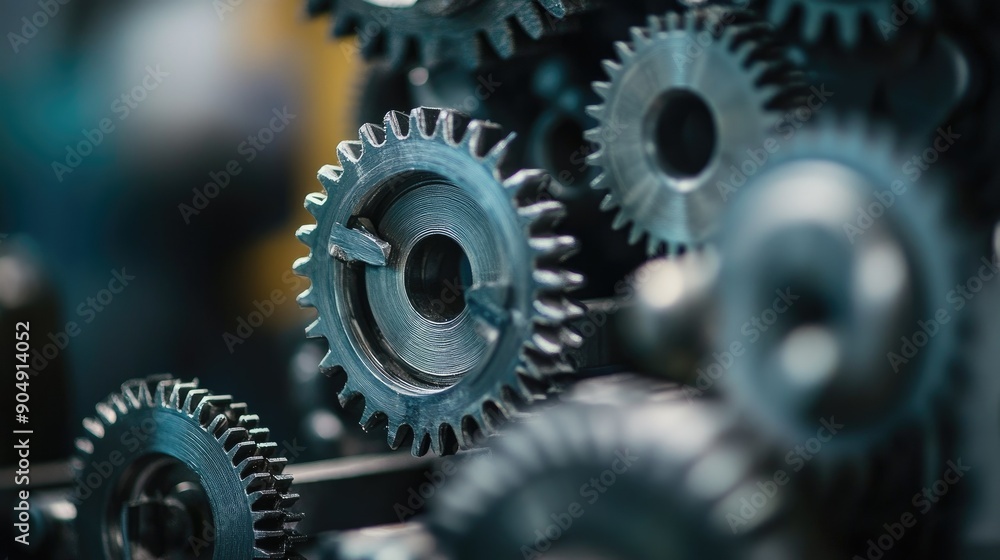 Poster tight shot of small gears working in unison, representing complex machinery and engineering precisio