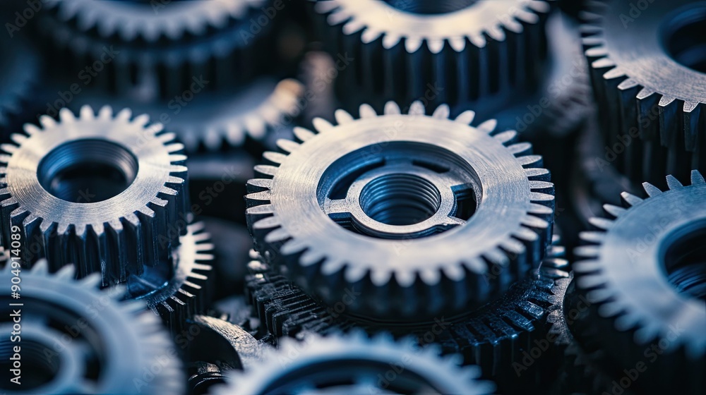 Poster tight shot of small gears working in unison, representing complex machinery and engineering precisio