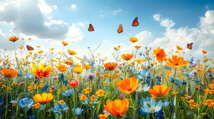 Naklejka premium A vibrant field of colorful wildflowers with butterflies fluttering under a bright blue sky, ideal for nature-themed backgrounds, spring, and summer promotions