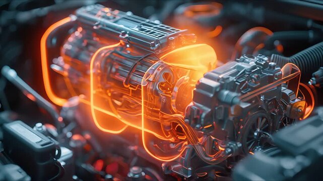 A close-up of a futuristic car engine with glowing energy lines, representing innovation and power.