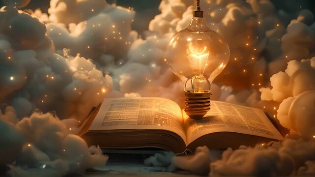 A glowing light bulb illuminates an open book resting in a bed of fluffy clouds, symbolizing knowledge and inspiration.