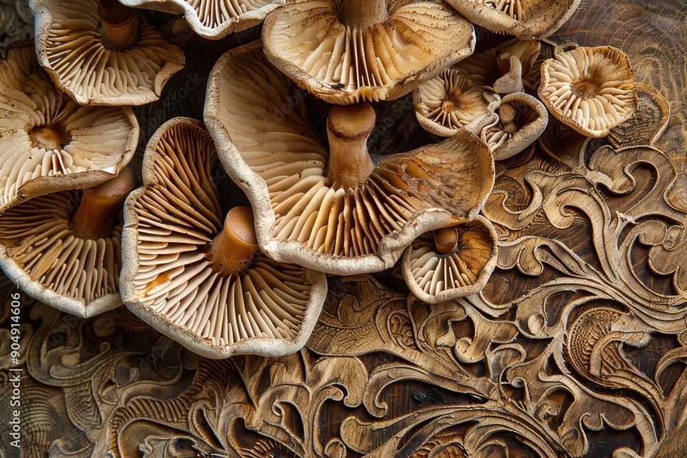 Poster various mushrooms clustered together on a rustic wooden tabletop, generate a composition that highli