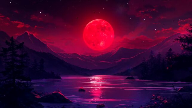 Under the watchful gaze of a red moon, the landscape of lake and mountain. Fantasy landscape, looping 4k video animation background
