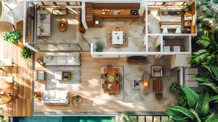 A detailed 3D plan of a modern apartment interior design, highlighting the furniture decor layout.