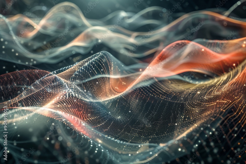 Poster abstract depiction of a vibrant wave of light, generate a dynamic visualization of data streams coll