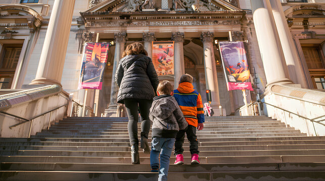 Family Walking Up The Steps Of A Grand Museum Entrance