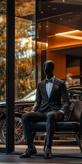 Fototapeta premium Elegant mannequin in suits sitting at the entrance of a luxurious house, wearing very elegant suits with modern decoration and luxury 4x4 cars around.