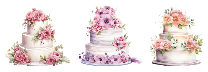Watercolor wedding cake png cut out element set