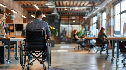 Man with disabilities at work. Guy in wheelchair in office among colleagues. Disability Employment Awareness Month. Employment, inclusion, Disability Rights, Inclusivity concept. World Disability day