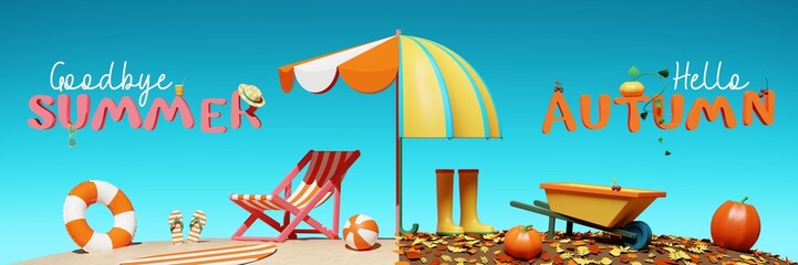 3D illustration with phrase Goodbye Summer and Hello Autumn. Creative scene with garden and beach accessories. Background for postcard, poster or banner.