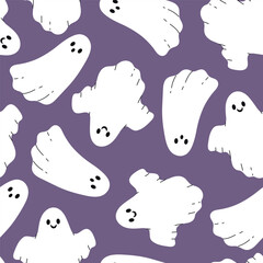 Simple seamless pattern with ghosts on a purple background. Vector graphics.