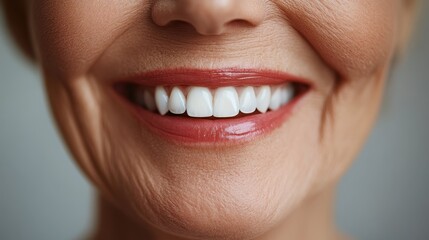 Fototapeta premium A close-up of a mature woman's smile highlighting her white teeth and healthy lips, showcasing dental care and confidence.
