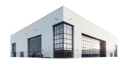 Clean warehouse building exterior  minimal design on white background