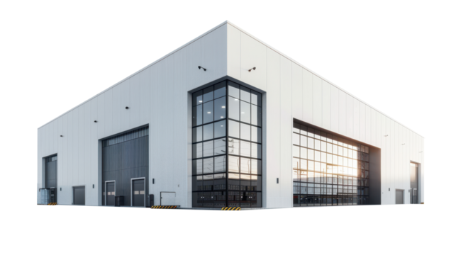 Clean warehouse building exterior  minimal design on white background