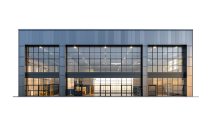 Industrial building warehouse exterior on white background