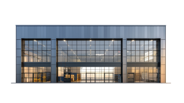 Industrial building warehouse exterior on white background