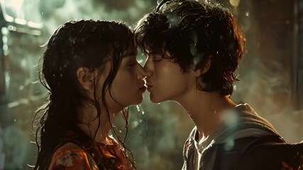 First kiss of a teenage couple in love