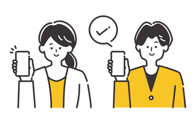 キャッシュレス、オンライン決済説明などに使える スマートフォンを持つ若い男性女性のイラスト素材