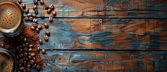 Coffee and cream liqueur, coffee beans roasted, with empty copy space, and ground coffee on the old wooden background