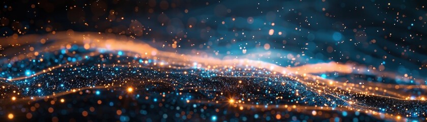 Obraz premium Abstract Digital Landscape with Glowing Particles and Dynamic Light Trails in a Futuristic Setting