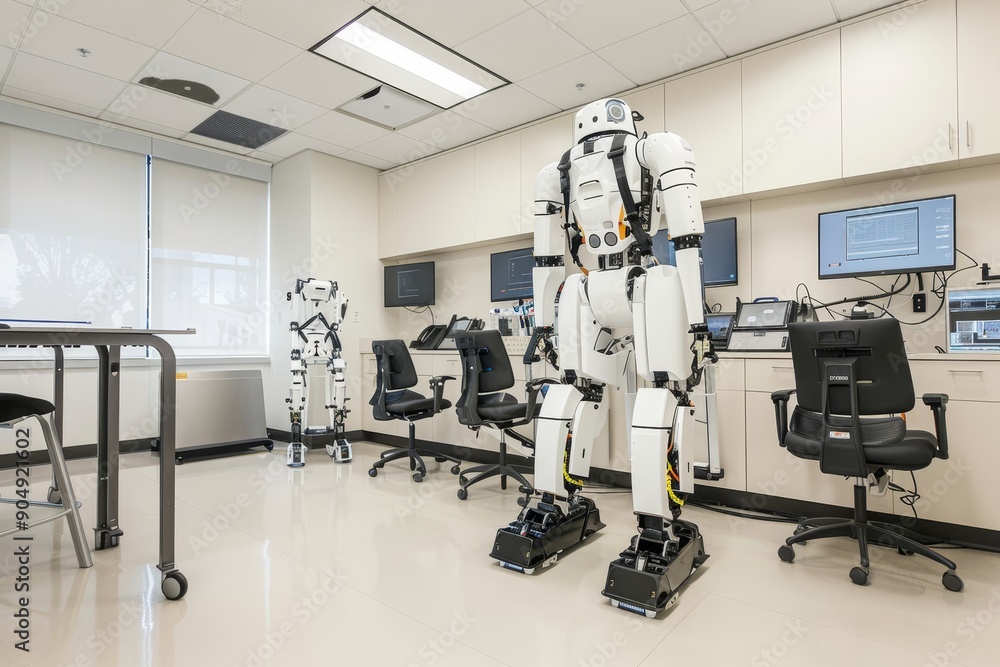 Aufkleber a room featuring a robot standing in front of a desk, generate a space with robotic exoskeletons for