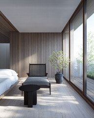 Fototapeta premium Contemporary property interiors with wall panels and minimalist furniture. Apartment interior design with warm colors and natural lighting.