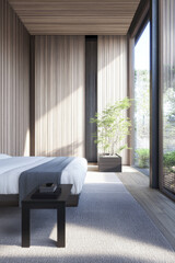 Fototapeta premium Contemporary property interiors with wall panels and minimalist furniture. Apartment interior design with warm colors and natural lighting.