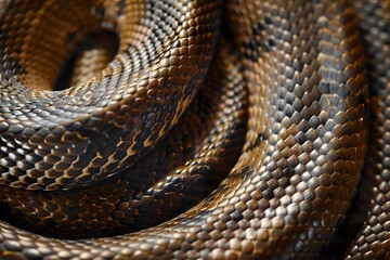 Fototapeta premium Snake with brown print of skin. Close up serpent with scaly pattern. Reptile skin texture background