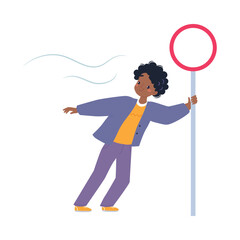 Bad Weather with Man Character Hold by Post Walk in Windstorm and Rain Vector Illustration