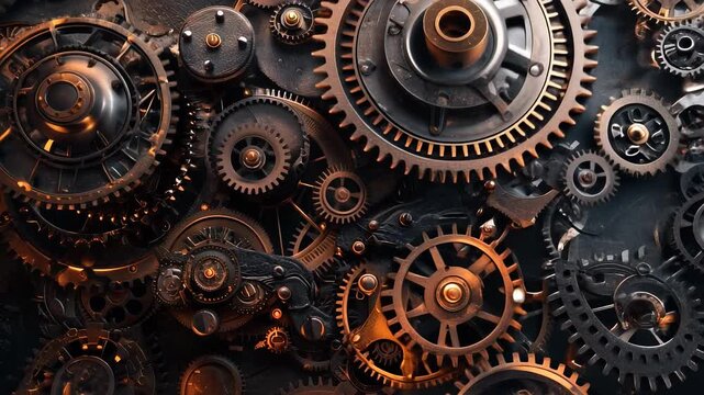 A close-up of a series of interconnected gears. 