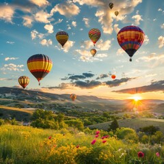 Obraz premium Colorful hot air balloons floating over a beautiful valley