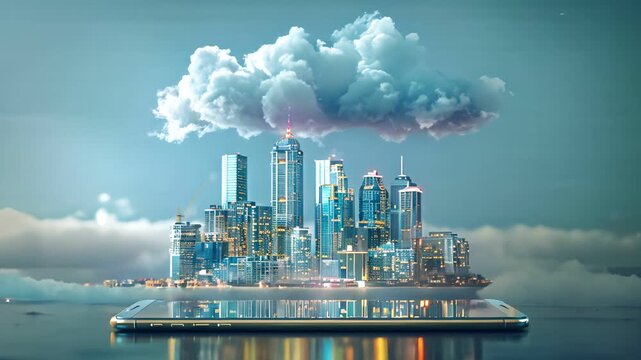 A miniature cityscape sits on a tablet, with a large cloud hovering above it, representing digital technology and cloud computing.
