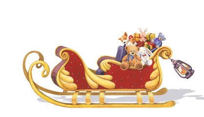 Watercolor Santa Claus sleigh with gifts