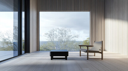 Fototapeta premium Contemporary property interiors with wall panels and minimalist furniture. Apartment interior design with warm colors and natural lighting.