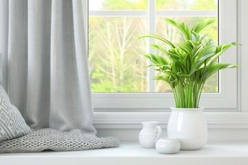 Fototapeta premium Cozy Home Interior with Lush Green Plant on Sunny Window Sill