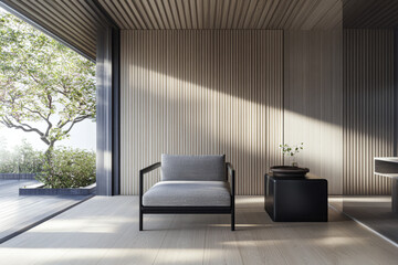 Fototapeta premium Contemporary property interiors with wall panels and minimalist furniture. Apartment interior design with warm colors and natural lighting.