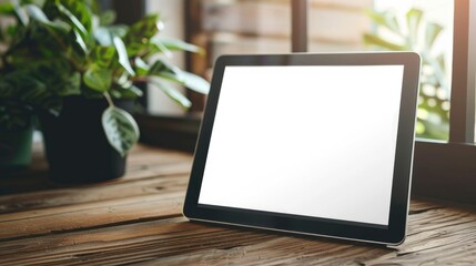 Tablet pc on wooden desk with blank screen in office concept