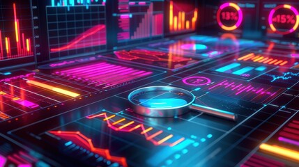 Obraz premium Futuristic Data Analysis Dashboard with Magnifying Glass, Charts, and Graphs in Neon Colors