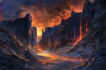 Fototapeta premium Molten River Gorge Landscape with Towering Obsidian Cliffs and Fiery Sky