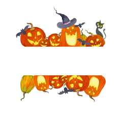 Frame with funny Halloween pumpkins, hand painted with watercolor.
