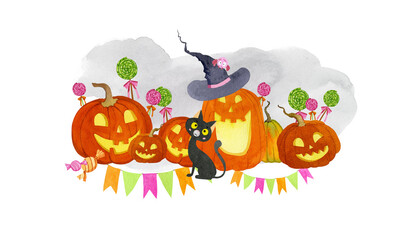 Funny Halloween pumpkins, hand painted in watercolor