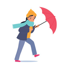 Bad Weather with Woman Character with Umbrella Walk in Windstorm and Rain Vector Illustration