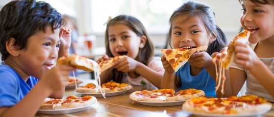 Four children are eating pizza together. AI.