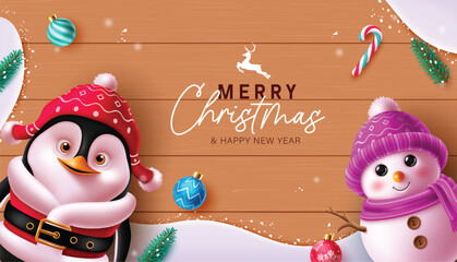 Merry christmas greetings vector template design. Christmas penguin and snowman characters with xmas balls elements and candy cane ornaments in wooden snow winter background. Vector illustration  © Zeinous